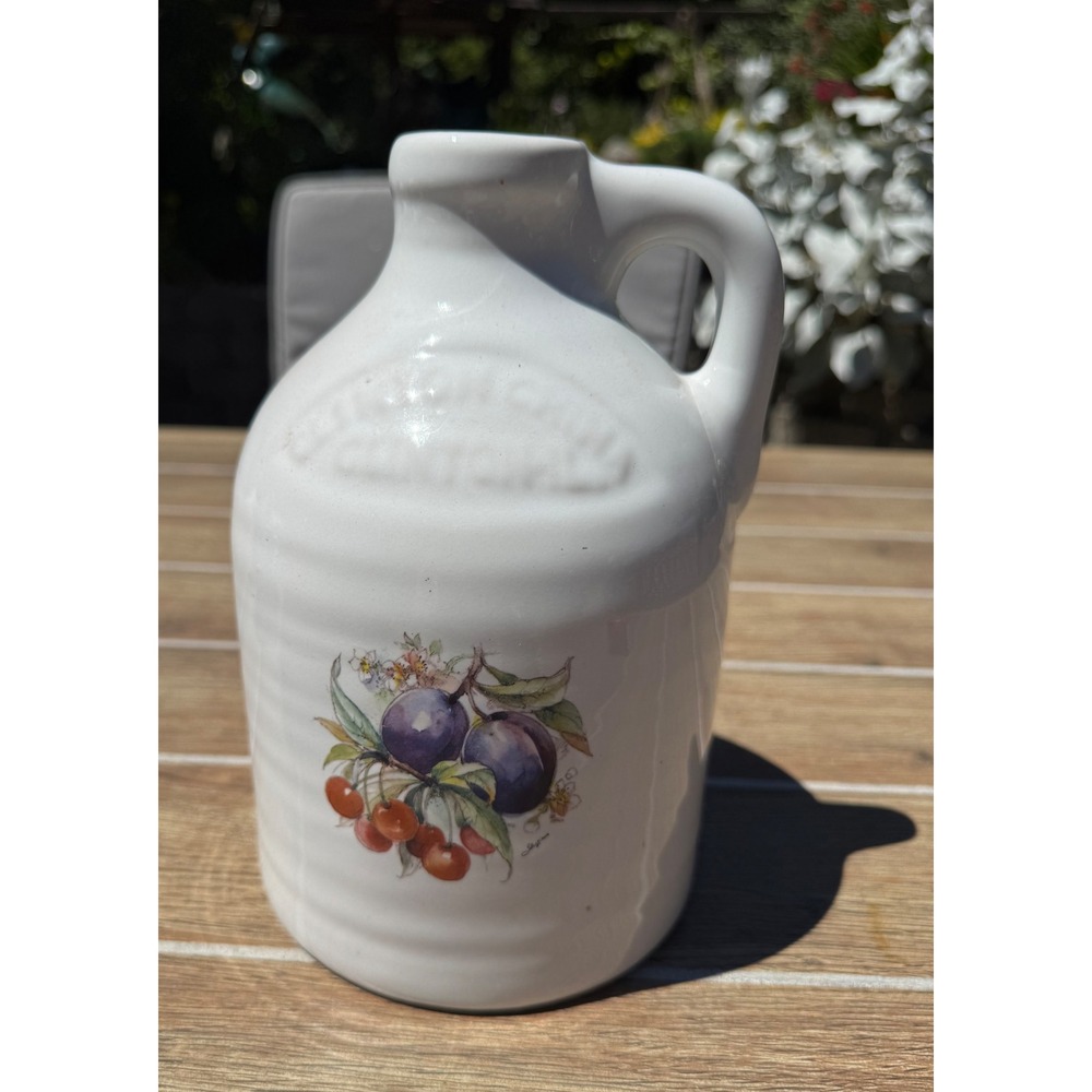 Ceramic Fruit Jug White Farmhouse Pitcher Plum Cherry Botanical Decor 9.5in